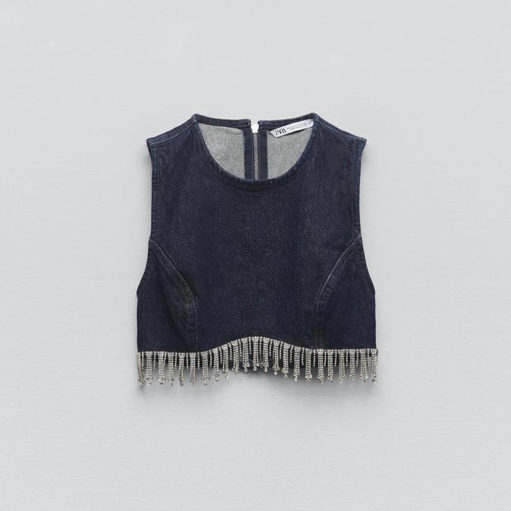 Rhinestone Denim Embellished Crop Top Zara XS NWT